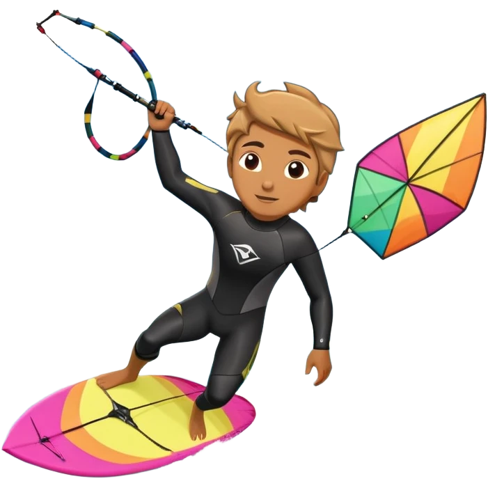 A professional kite surfer riding the waves, holding the kite in front of them as the wind fills the sail, propelling them across the water. The backdrop features a stunning landscape with a vibrant sky, crashing waves, and a sense of motion and adventure. emoji