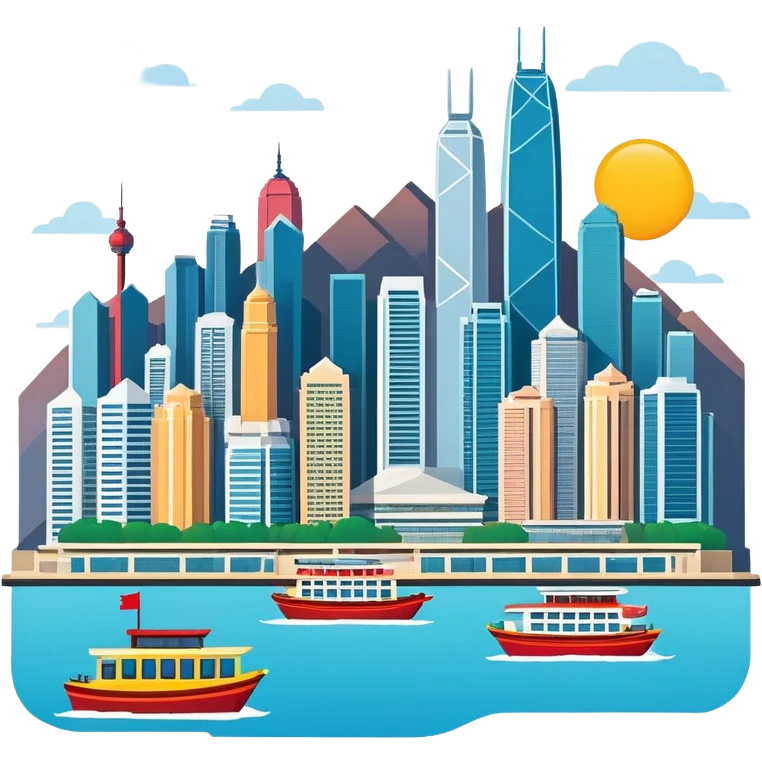 Hong Kong Victoria Harbor skyline, simplified emoji style with bold outlines and bright colors, cartoon style city view with tall buildings emoji