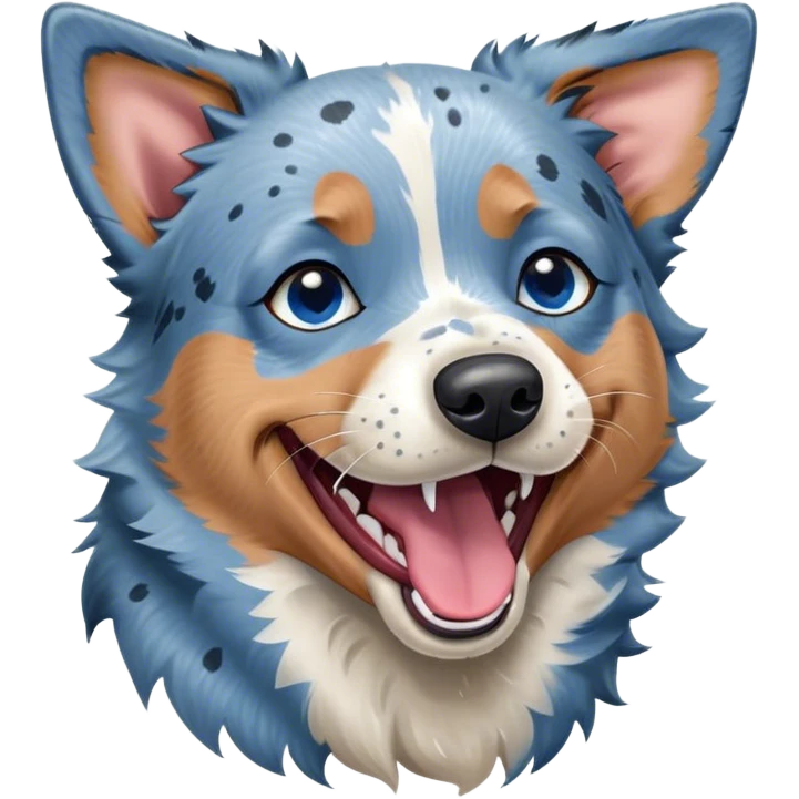 Cinematic Cute Yawning Blue Speckle Australian Cattle Dog Portrait Emoji, Head tilted slightly with a dramatic, wide-open yawn, showcasing a sleek blue speckle Fur with distinct markings, floppy ears slightly drooping, round blue eyes barely open in drowsy contentment, Simplified yet irresistibly adorable features, highly detailed, glowing with a soft, cozy glow, high shine, relaxed yet expressive, stylized with a touch of whimsy, bright and endearing, soft glowing outline, capturing the essence of a sleepy yet affectionate herder, so drowsy it feels like it could stretch out of the screen and curl up for a nap! emoji
