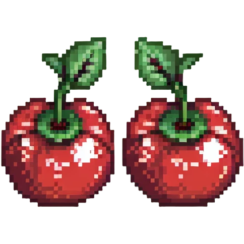Pixel art of two red cherries with green stem emoji