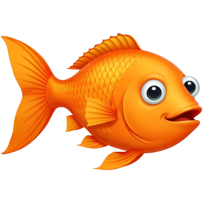 ridiculously derpy bright orange fish with wonky eye and goofy smile with drool, super friendly but extremely stupid looking, perfect flat side profile facing right, exactly 90 degrees, one eye visible emoji
