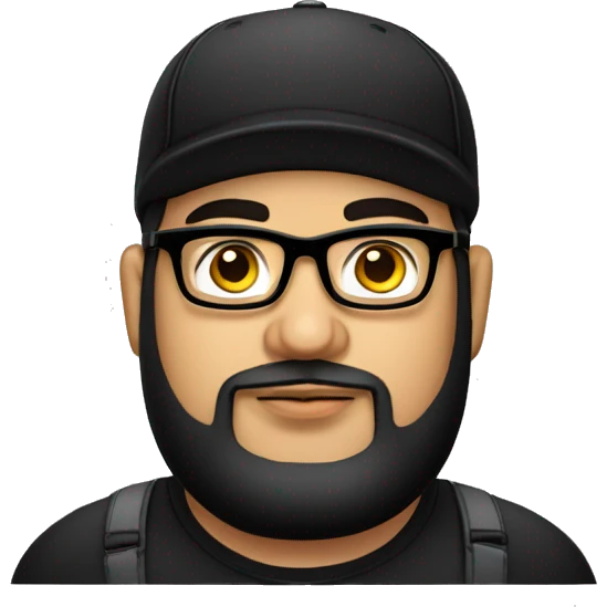 chubby venezuelan programmer with beard, glasses, BLACK hat, airpods with tattoos emoji