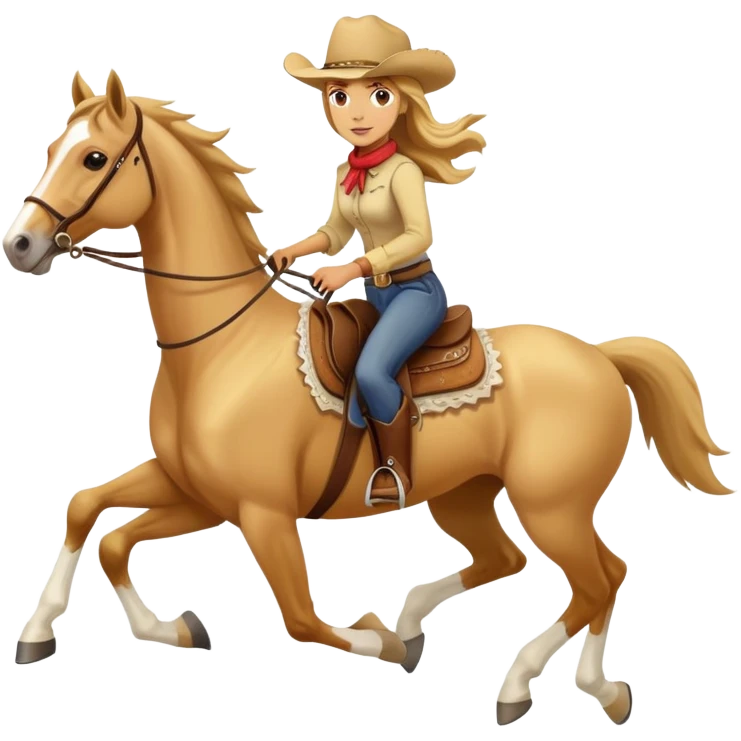 yellow palomino horse running with 4 legs a woman rider with brown hair and a cowboy hat emoji