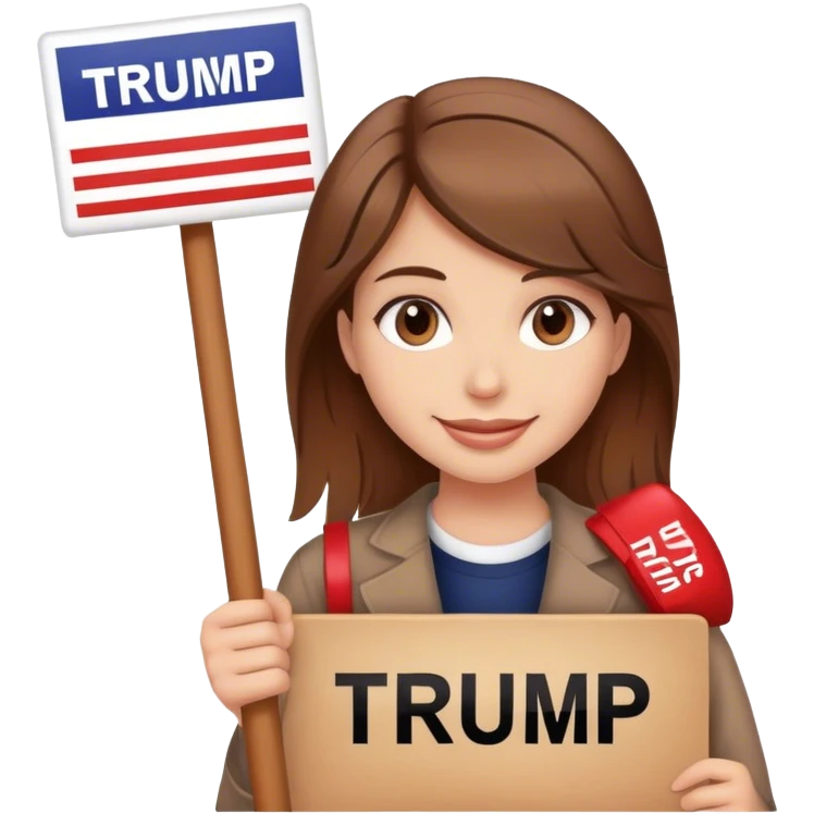 smiling girl with brown hair with a protest Trump sign emoji
