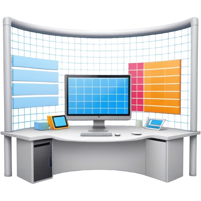 Create an emoji for 3D visualization and modeling. Show a 3D object? like room model with grid lines and a modeling tool (e.g., a mouse or stylus) on a big curved monitor. Use modern, professional colors. Do not include any emojis or smiley faces. Make the background transparent. emoji