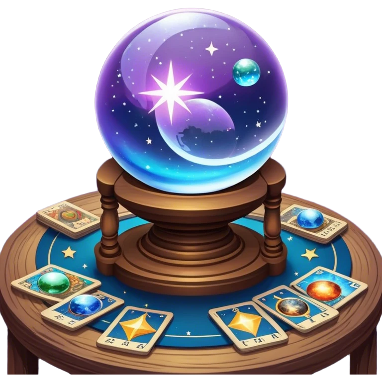 a mystical icon featuring a crystal ball (fortune-telling sphere) on a table with tarot cards scattered around. Surround the scene with planets, stars, and zodiac signs. The design is vibrant, magical, and evoke a sense of mystery and spirituality, with glowing effects and a cosmic atmosphere. emoji