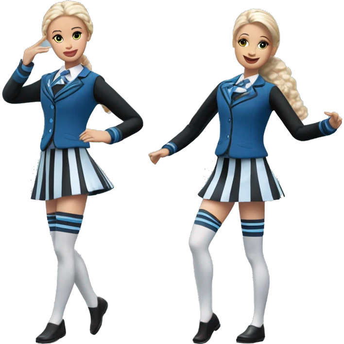 Good time Barbie enid sinclair from Nevermore academy in blue and black vertically striped school uniform dancing to music  emoji