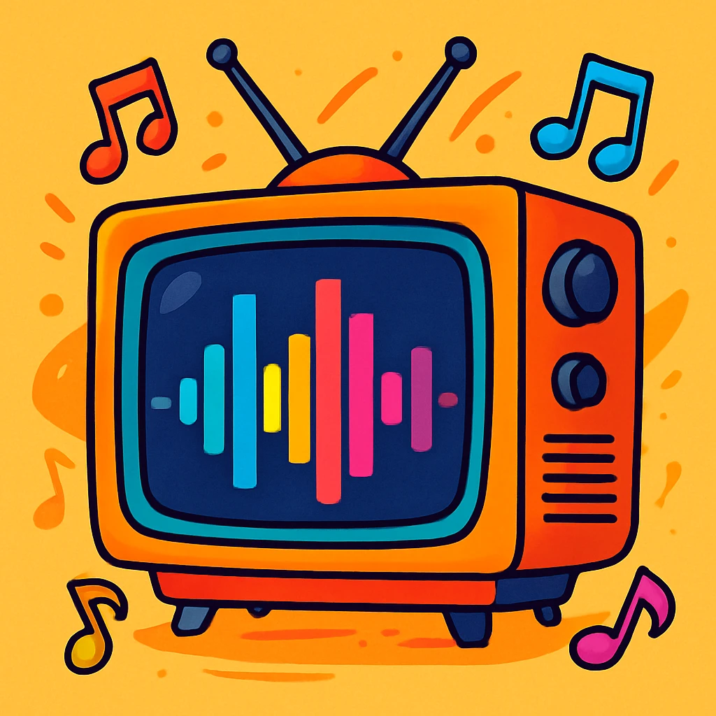 A classic CRT television with an audio waveform on the screen, surrounded by floating musical notes, lively and dynamic, vibrant toon style emoji