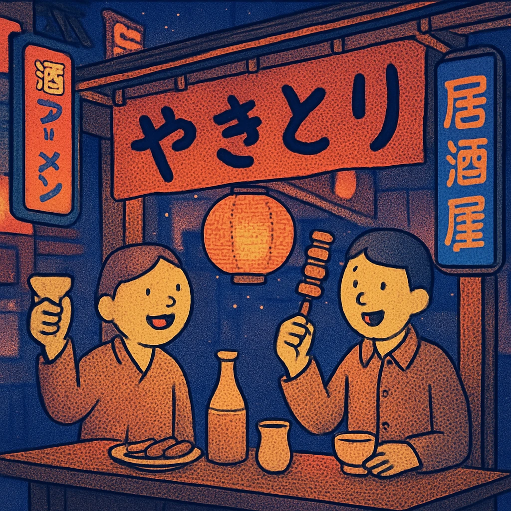 Two people dining at a traditional Japanese izakaya street stall, surrounded by neon signs, enjoying sake and yakitori skewers under the evening sky emoji