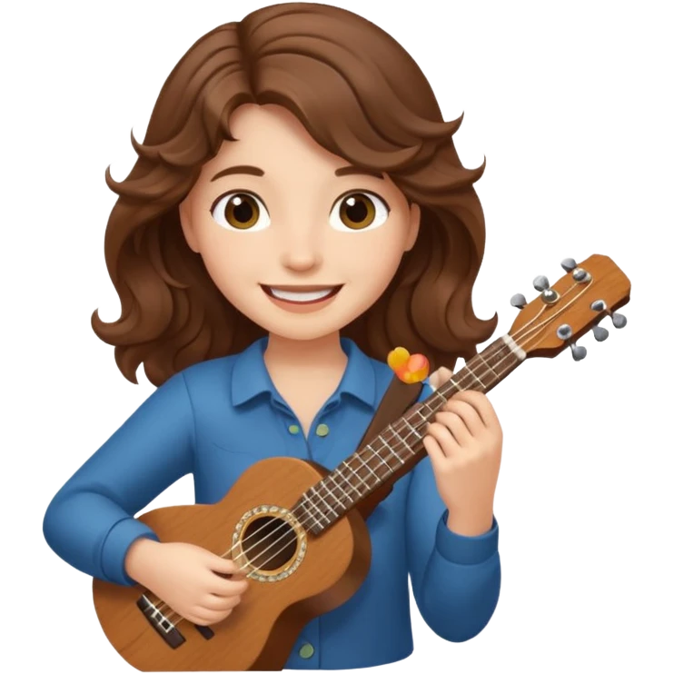 A fair-skinned girl with wavy brown hair is playing the ukulele. emoji