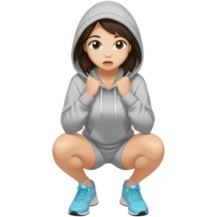 Brunette girl with boobs in hoodie and shorts taking squats emoji