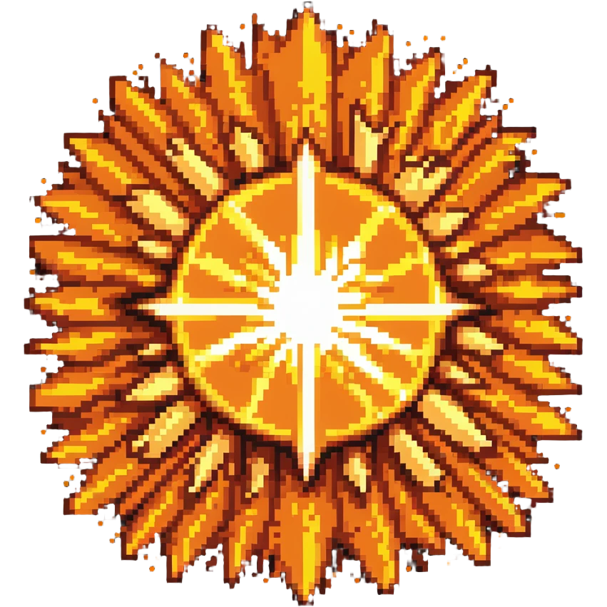 Bomberman explosion center tile, bright fiery explosion core with yellows and oranges radiating from center, 90% of tile with subtle glow effect, clean pixel art edges, slight transparency at edges emoji