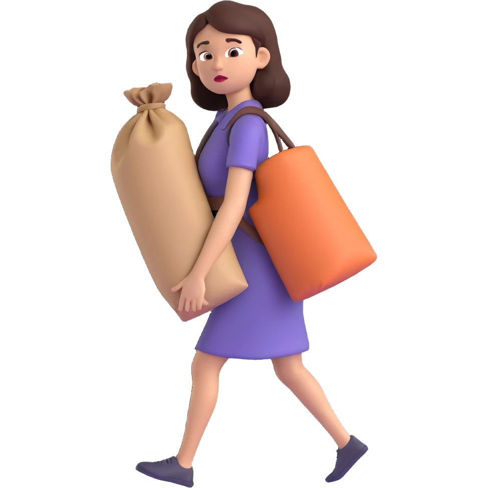 woman straining with a difficult expression carrying something very heavy on her back emoji