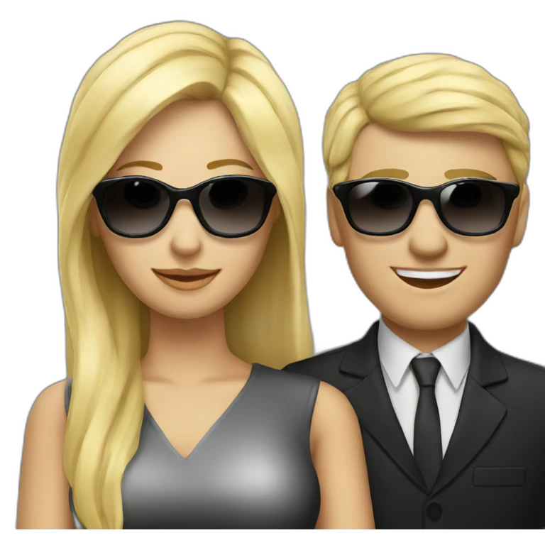 blond woman marketer with sun glasses with man in black suit emoji