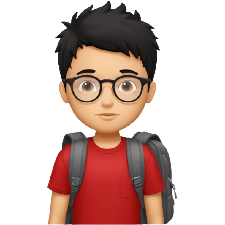 generate a pretty tan bratz boy with glasses and a backpack. black messy hair. wearing a red tshirt. emoji
