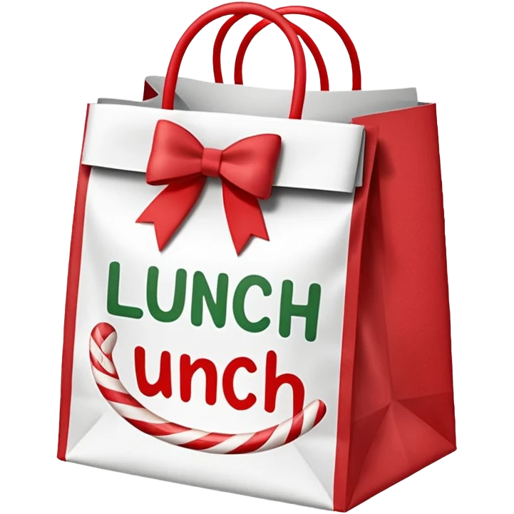 christmas paper lunch bag with the word lunch on it and a bow and candycanes emoji