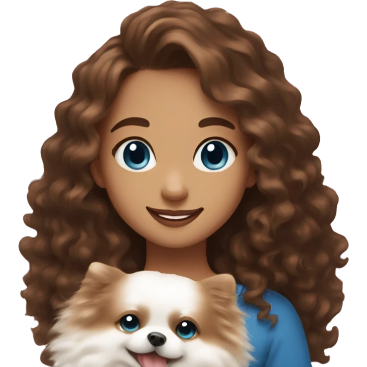 Girl long curly brown hair smiling and blue eyes and holding a white pomeranian in her arms emoji