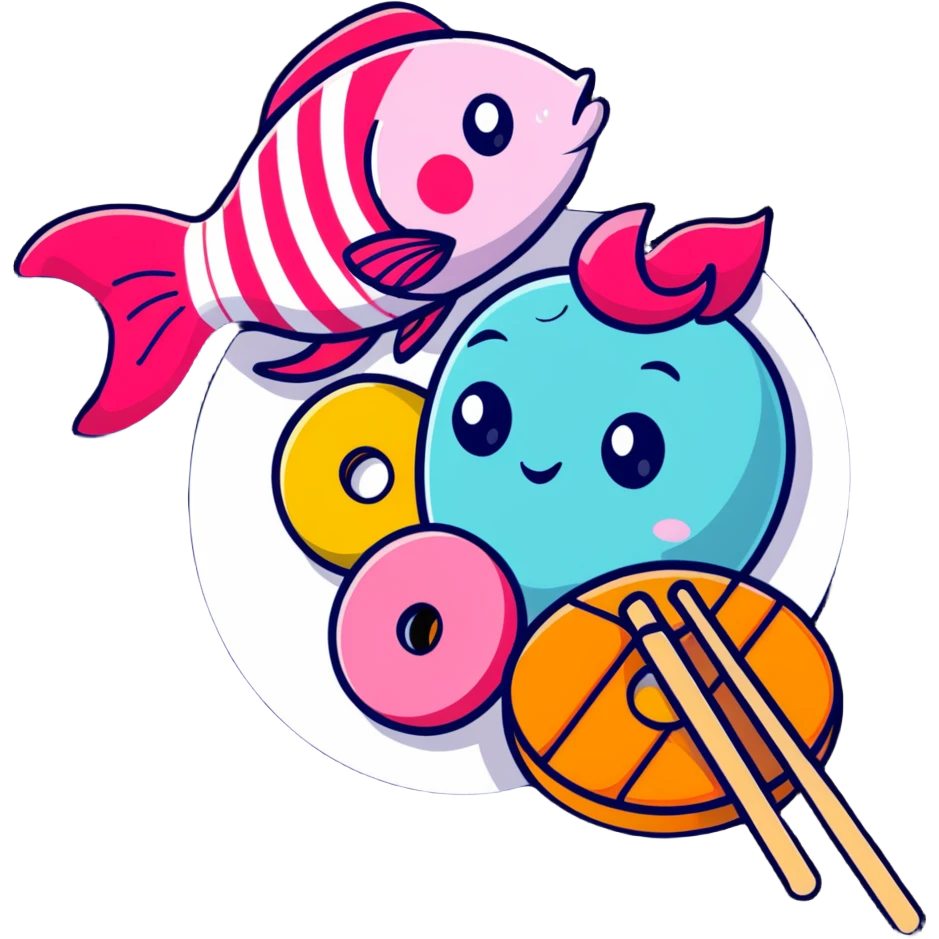 A cute arrangement of red apple, fish cake with pink swirl, rice cracker, and tri-colored dango skewer as a food snack collection emoji