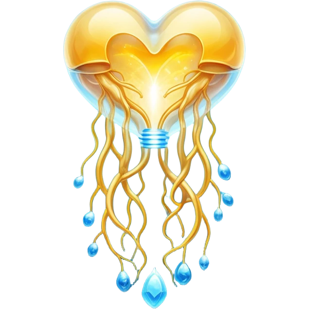 Ethereal omega-3 capsule with flowing golden energy connecting to a shimmering brain (cognition), heart (cardiovascular health), joint (anti-inflammatory), and eye (vision). Each connection glows with healing light, all suspended in a dreamlike blue atmosphere. emoji
