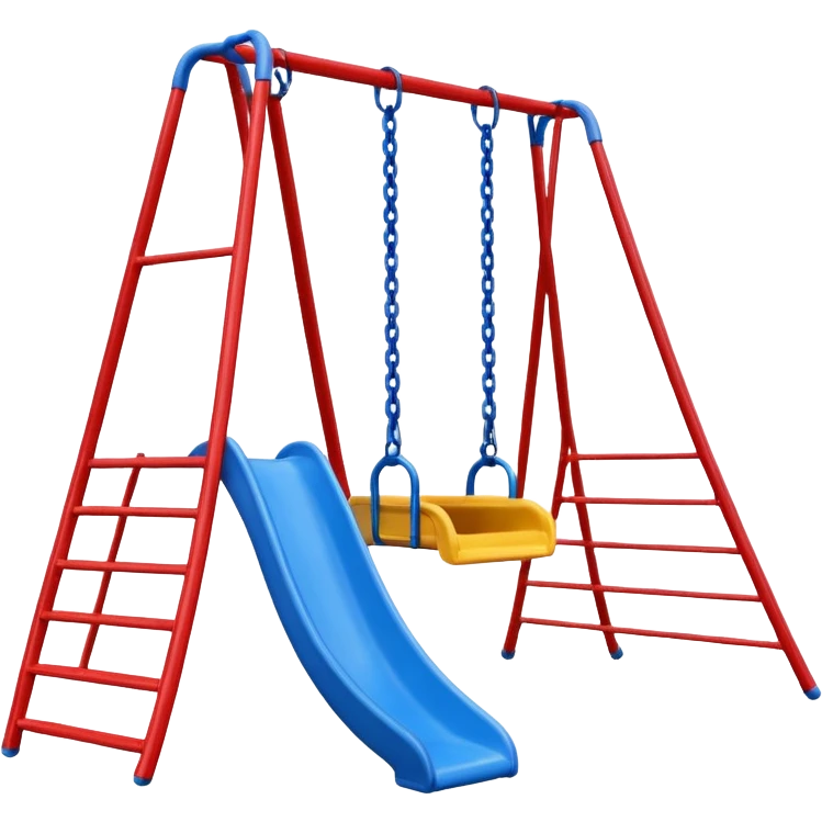 playground with one yellow slide, one blue swing, one red ladder, red frame, playground vibe emoji