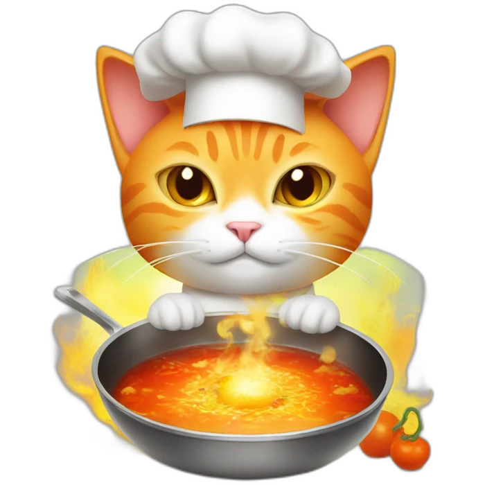 orange and white cat wearing chef hat cooking glowing radioactive chili soup emoji