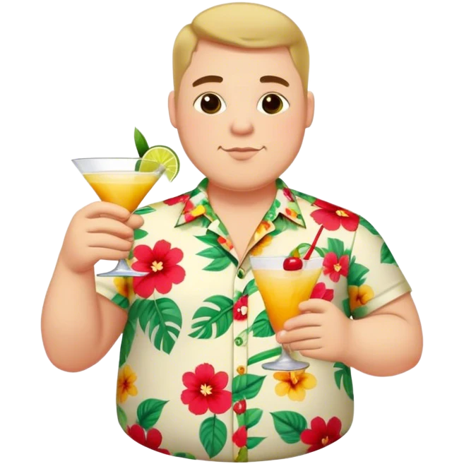 chubby guy figure in a flowered shirt holding a cocktail emoji