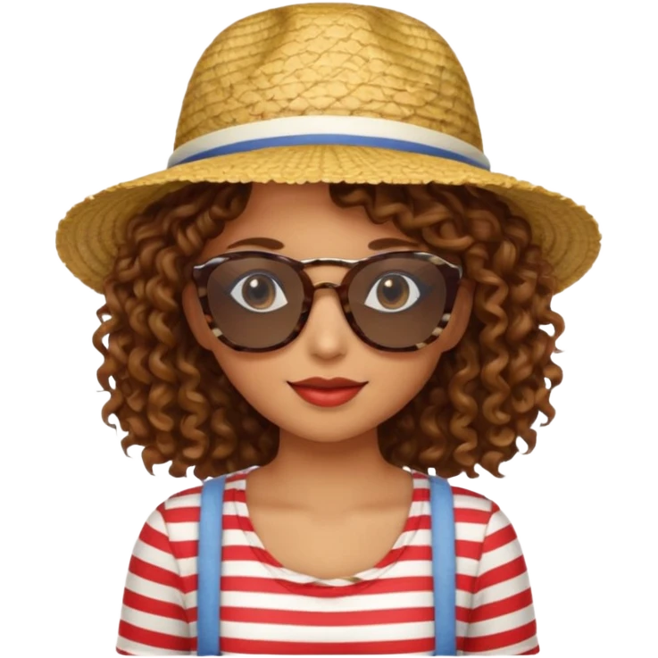 curly hair woman with striped clothing sun glasses and straw hat emoji