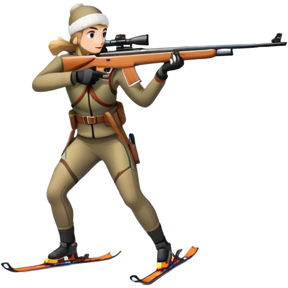 An icon showing a snowy landscape with pine trees, mountains and a clear sky with a biathlete aiming a rifle in the foreground, wearing winter gear and skis. Transparent background emphasizes the precision, endurance, and beauty of this winter sport. emoji