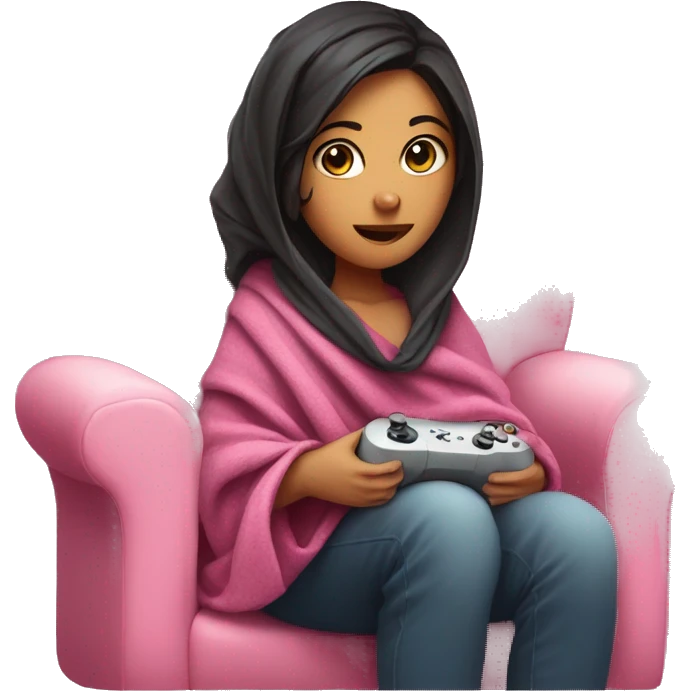 girl with dark hair wrapped up in a blanket sitting on a couch with a pink gaming controller in her hands emoji