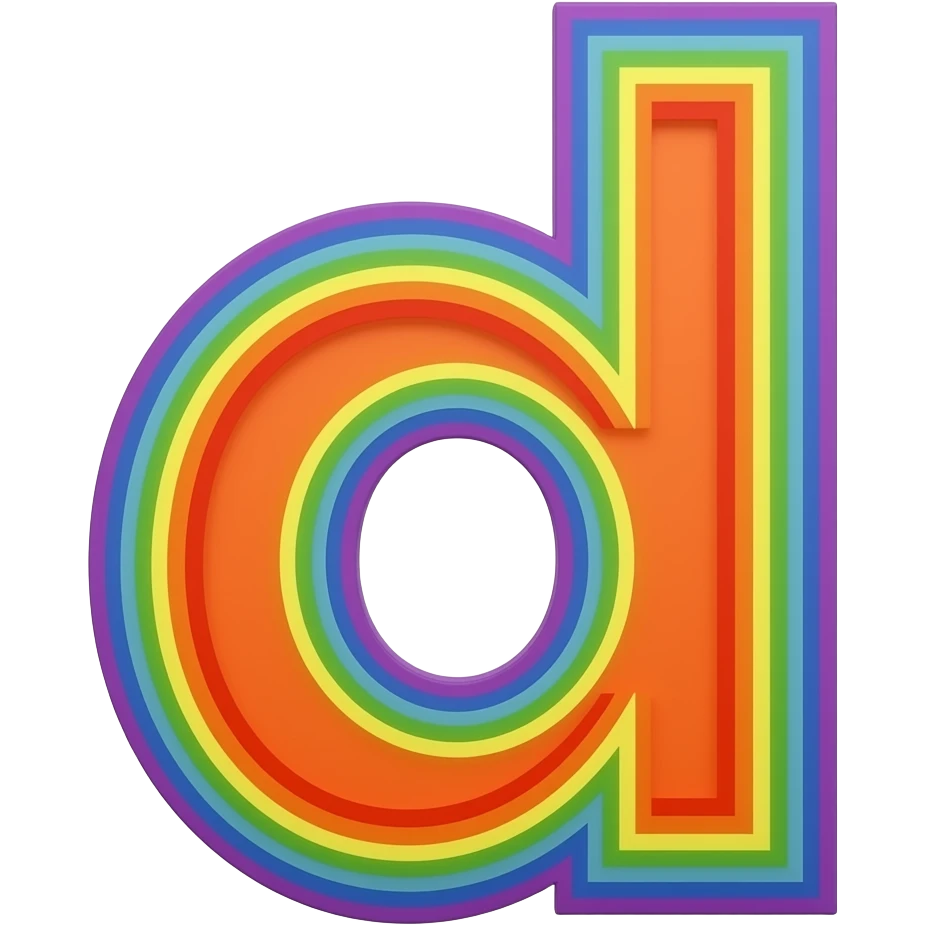 name "d" in neon orange, 3D style typography lettering, each color of the rainbow as a border outlined around each letter, isolated, 3d rendering, no emoji icons no emoji faces and must have no human figures emoji