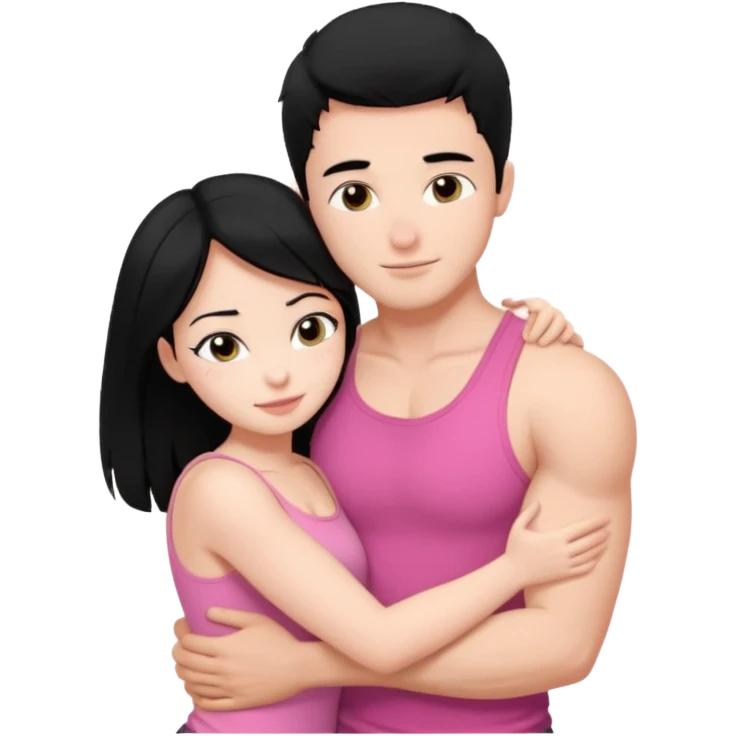 a pretty bratz fair girl. black hair, wearing a pink cami top hugging a handsome fair guy with black hair. lean but muscular who is wearing a black tshirt emoji