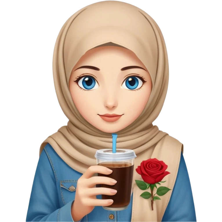 Turkish beautiful finish Konya girl blue eyes with beige denim hijab islamic dress and had on her hand Rose Cold brew coffee   emoji