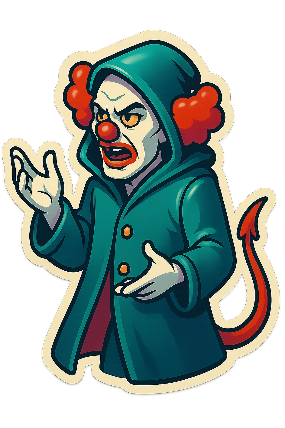 evil clown wizard in a 3/4 length unbuttoned coat with a hood, calm and serious, gesturing with hands in a different pose, mouth open as if talking, no pentagram, no robe, no spells, visible tail emoji
