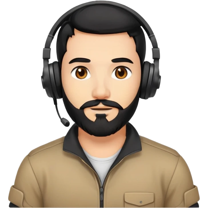 A person with black hair, brown eyes, and a black beard wearing a gaming headset with a thankful expression emoji
