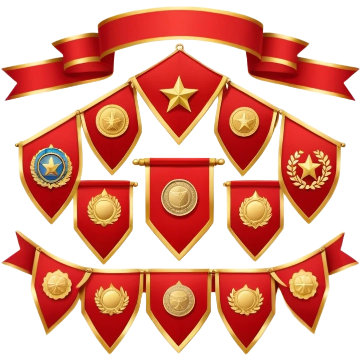Icon for Collecting Orders, Medals & Badges: a variety of vintage orders, medals and badges, displayed neatly on a big red pennant or in a display case. The icon should reflect the honor and historical significance of these collectible items. Transparent background. emoji