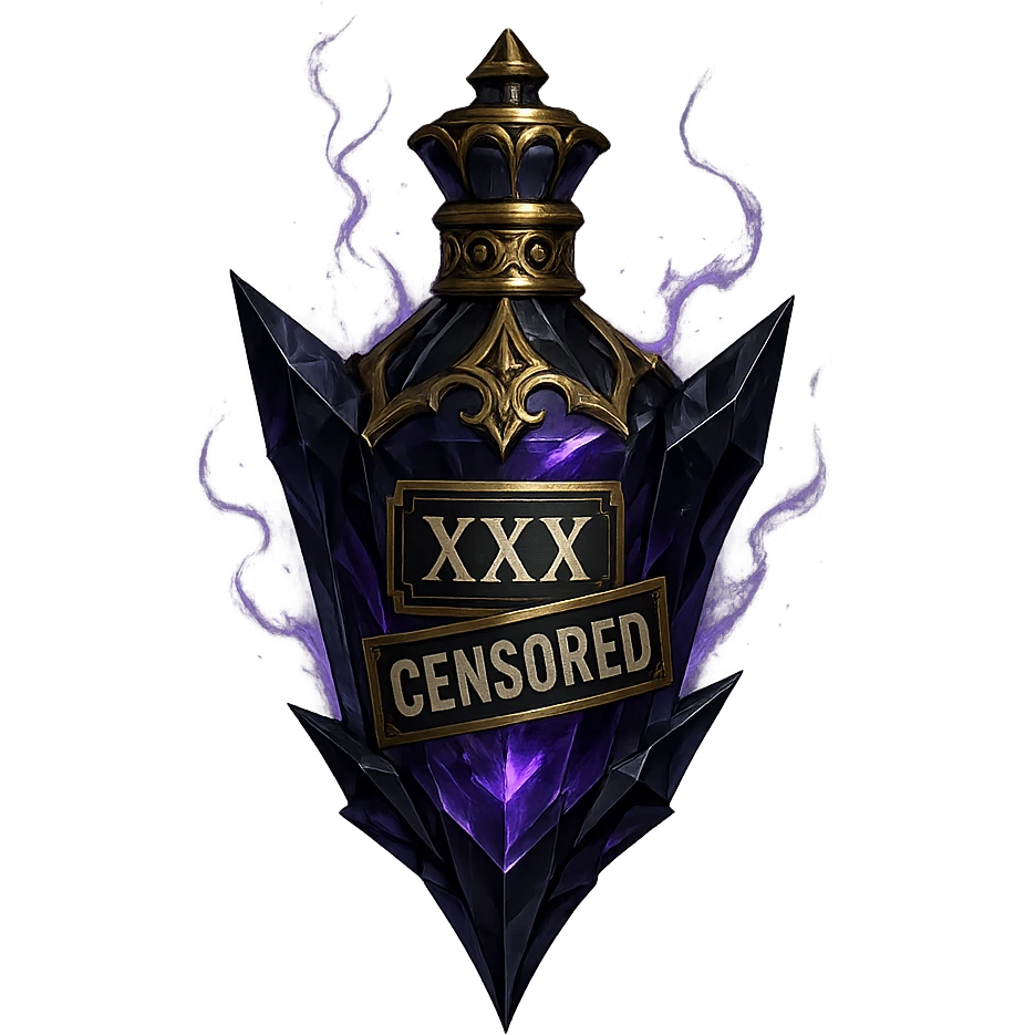 very luxurious crystal edgy forbidden elixir bottle, bottle has censored words or labels like 'XXX' and 'CENSORED', dark colors, lots of glowing, edges, ornaments, golden details, magical effects, very small golden neck, transparent background, beautiful seamless bottom, bottle clearly floating in air, no base or shadow, premium class, edgy, fitting a collection emoji