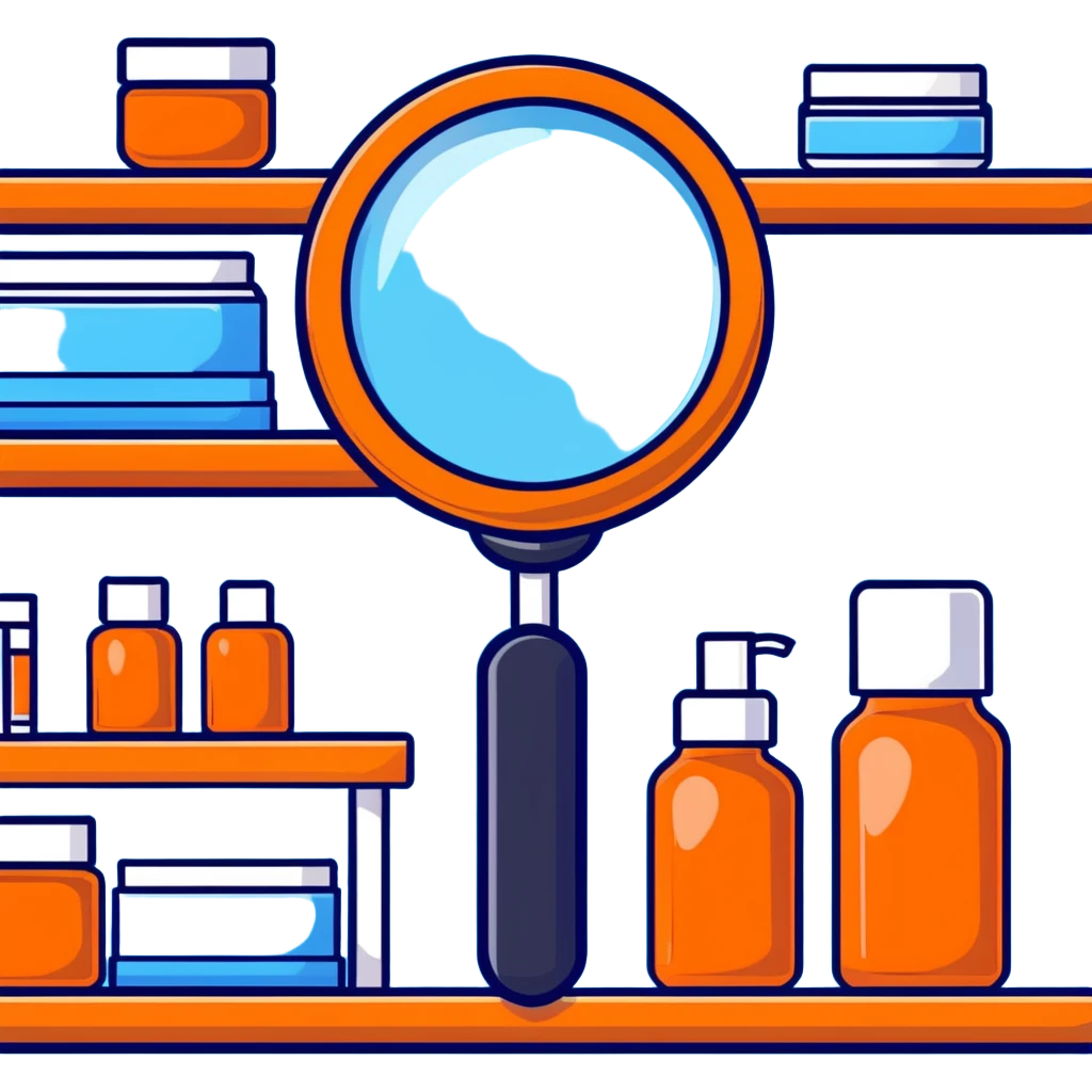 front view magnifying glass over empty orange beauty product shelf searching emoji