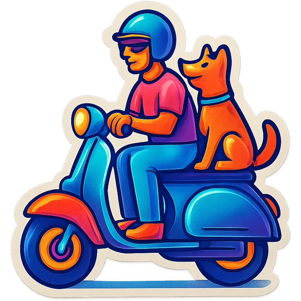 man and his pet dog riding a vespa emoji