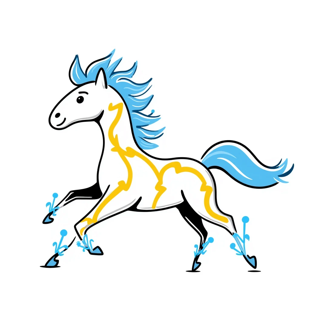 yellow fast electric horse made of electricity, bolts, visible yellow wires, lightning, blue electricity, dynamic pose emoji