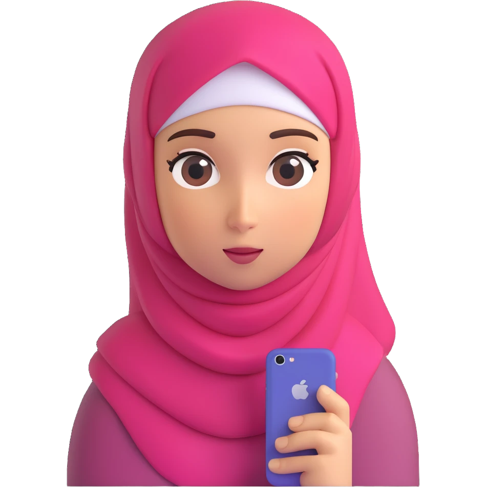 girl with hijab, uncertain look, question marks above her, iPhone memoji style, 3D, friendly and modern emoji