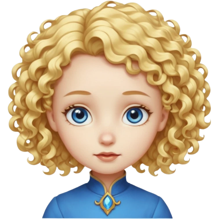 Cute fantasy character head with a large forehead, big bright blue eyes, and short, voluminous golden blond curly hair. Stylized, colorful, cartoon look focused on cuteness. emoji
