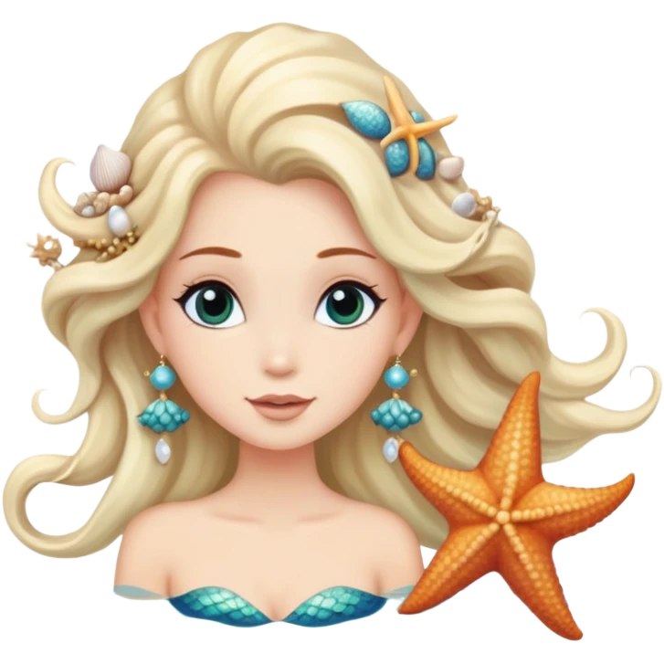 mermaid with seashells in hair, starfish earrings, ocean hair emoji