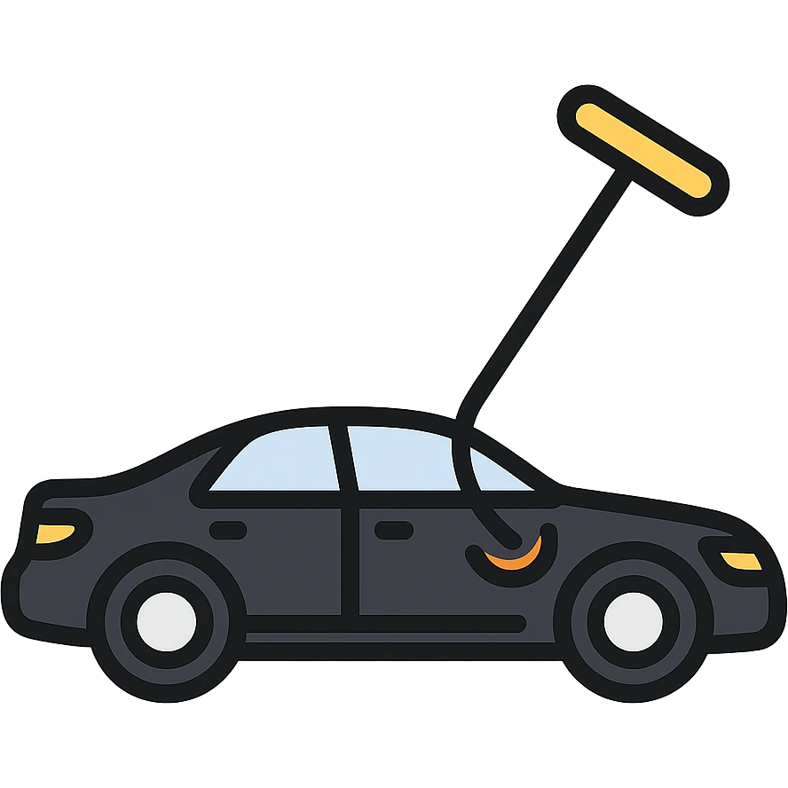 icon of a high-end black car with a subtle rod or hook tool touching a dent, matte black as main color, fine silver lines for contrast, simple style, focus on dent repair emoji