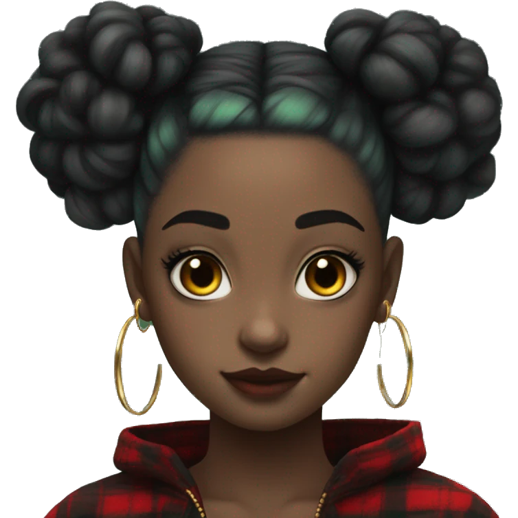  Pale skinned girl, dark green space buns hairstyle, wearing a red flannel, gold hoop earrings, thick wing eyeliner emoji