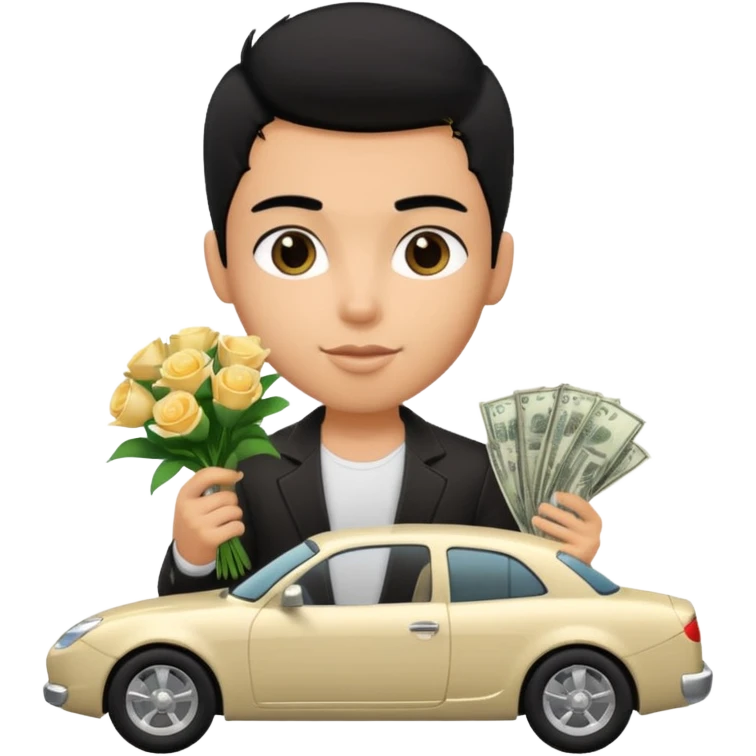 a pretty bratz boy with black hair, holding a bouquet made of money, car behind him emoji