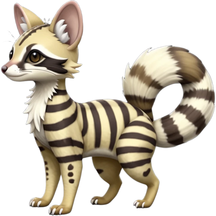 Cute elegant hyper-realistic lifelike furry Civet-Genet-Possum-Serval-Caracal-Sergal-Trico-Numbat-Furret-fusion-Fakemon-hybrid-creature (full body) with long tufted ears and a striped tufted tail  emoji