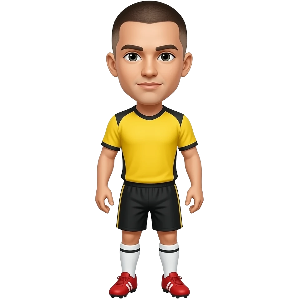 A  MINI GUY WITH YELLOW JERSEY NO LOGO  , PLAIN BLACK SHORTS  , WHITE SOCKS AND RED CLEATS MAKE HIM HAVE A BUZZ CUT emoji