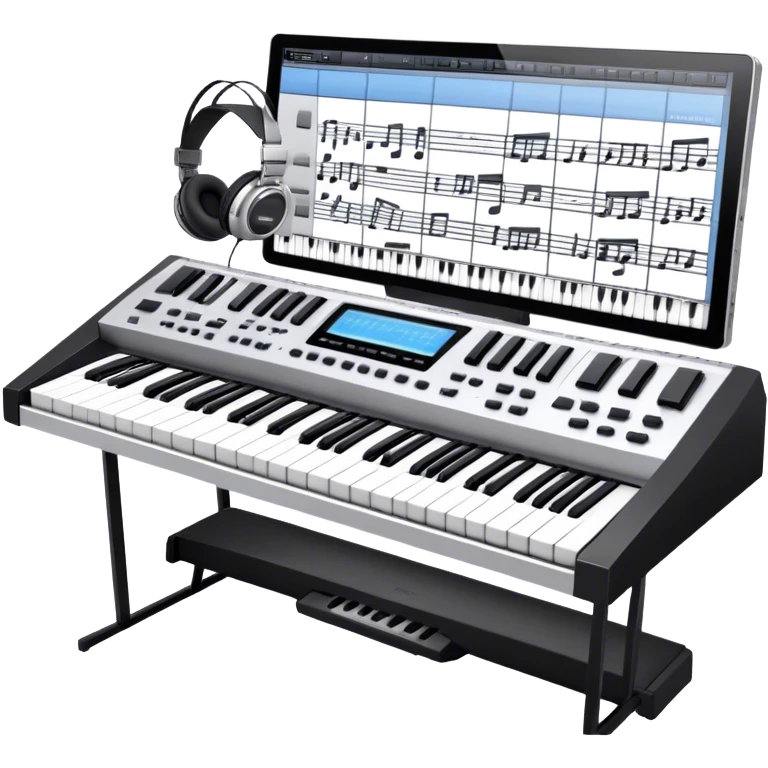 Create a professional and artistic emoji that represents writing music tracks. The design should feature a large monitor displaying musical notes or a score, positioned in front of a professional Korg synthesizer. Add elements like studio headphones, a MIDI keyboard, and an audio interface to symbolize the tools used in music production. Use sleek, modern colors like silver, black, and neon accents to convey the professional environment of music composition. The background should be transparent. emoji