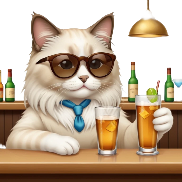 One ragdoll cat with sunglasses drinking at the bar emoji