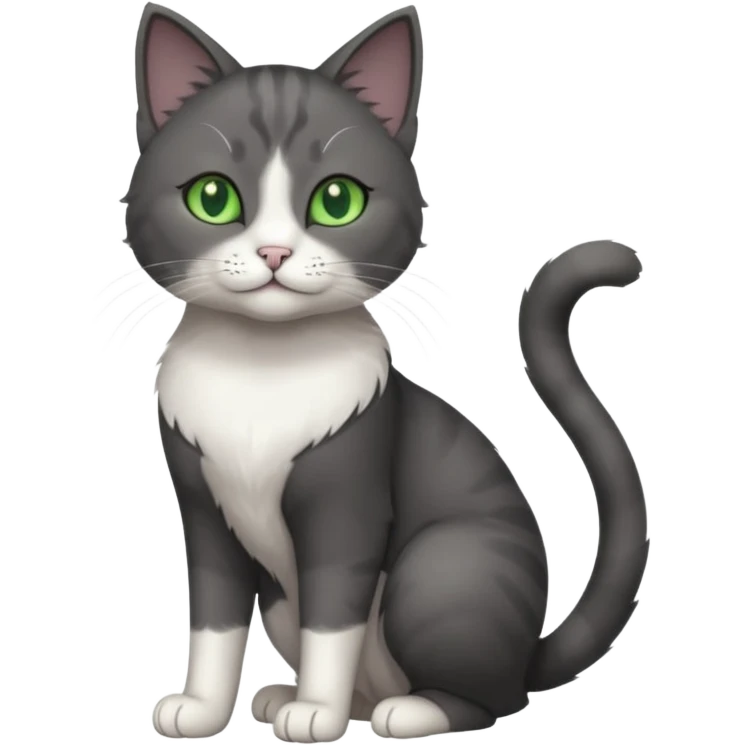 full body view of beautiful female solid dark grey cat with green eyes, white toes/paws and white patch on her chest emoji